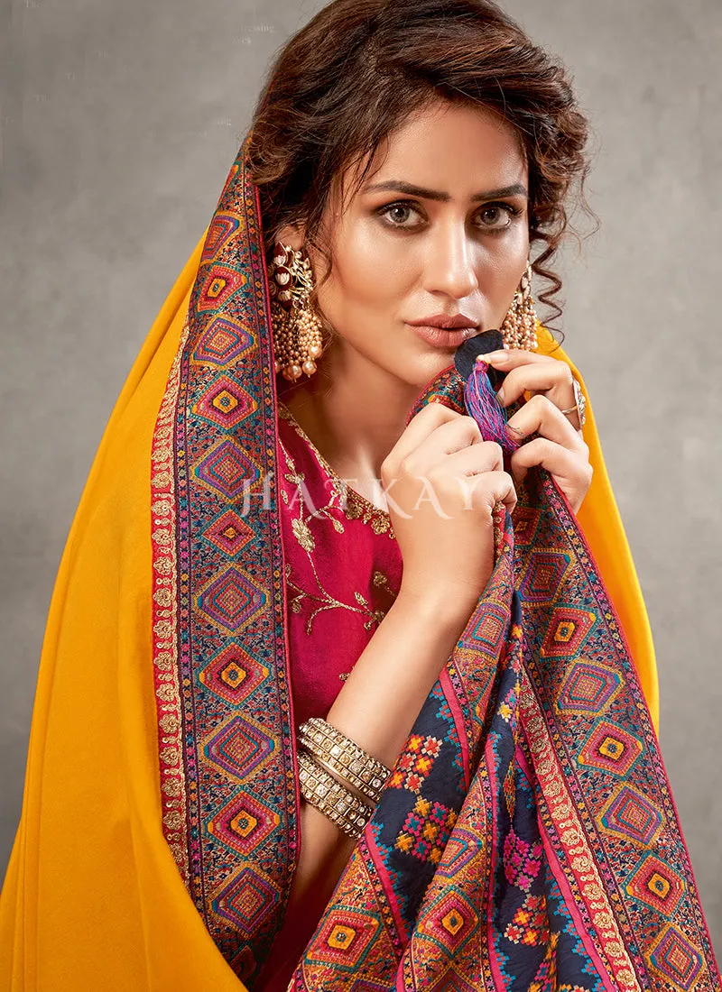 Magenta And Yellow Zari Embroidered Satin Silk Saree