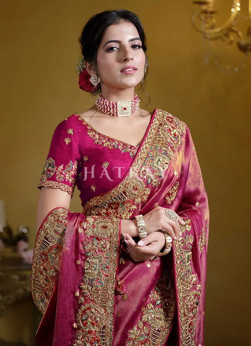 Magenta Pink Embroidered Silk Saree