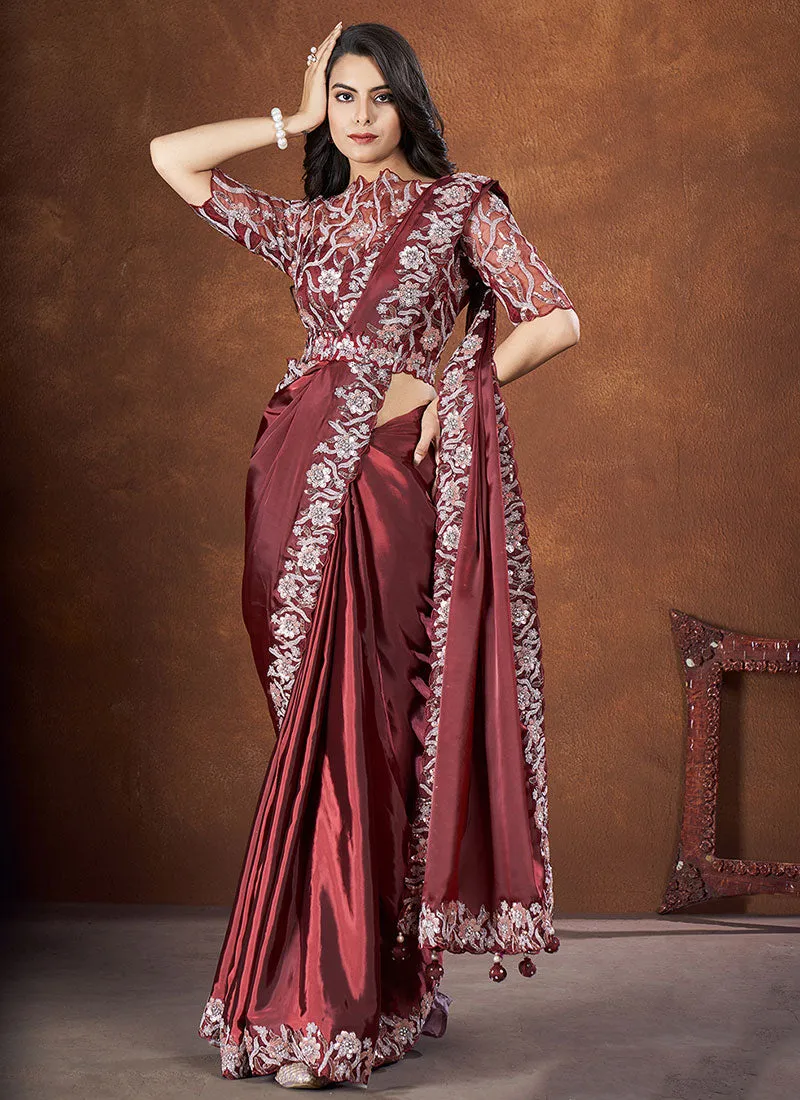 Maroon Sequence And Thread Embroidery Saree With Belt