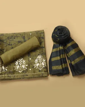 Mehandi Green Silk Blend Printed With Embroidery Unstitched Suit Fabric Set With Silk Blend Dupatta