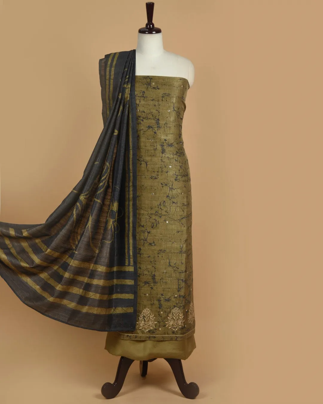 Mehandi Green Silk Blend Printed With Embroidery Unstitched Suit Fabric Set With Silk Blend Dupatta