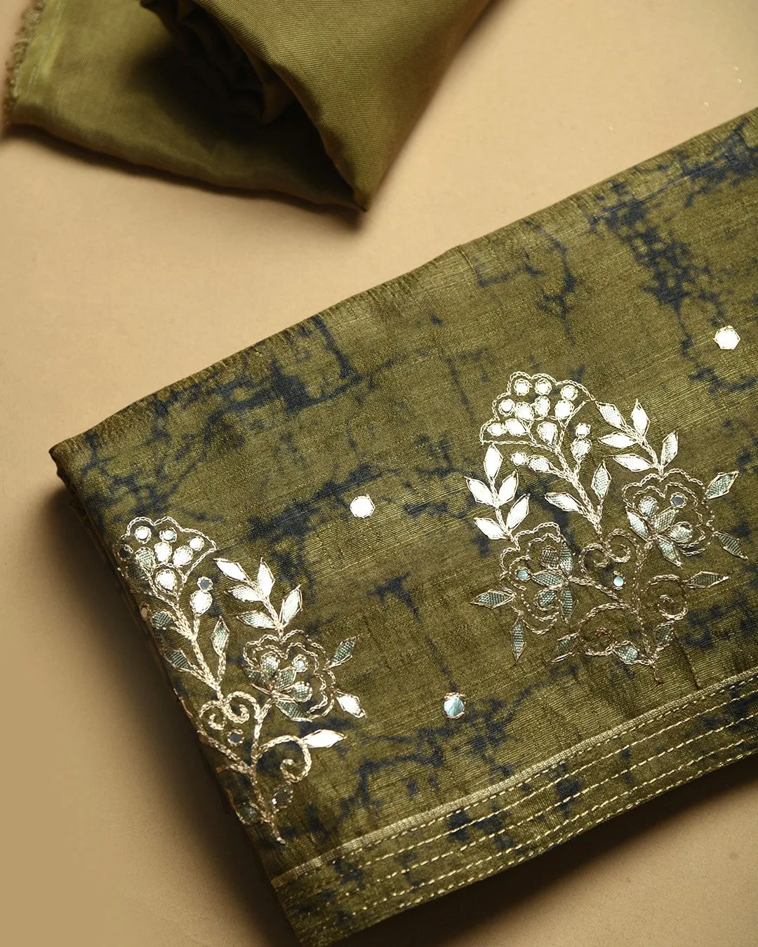 Mehandi Green Silk Blend Printed With Embroidery Unstitched Suit Fabric Set With Silk Blend Dupatta