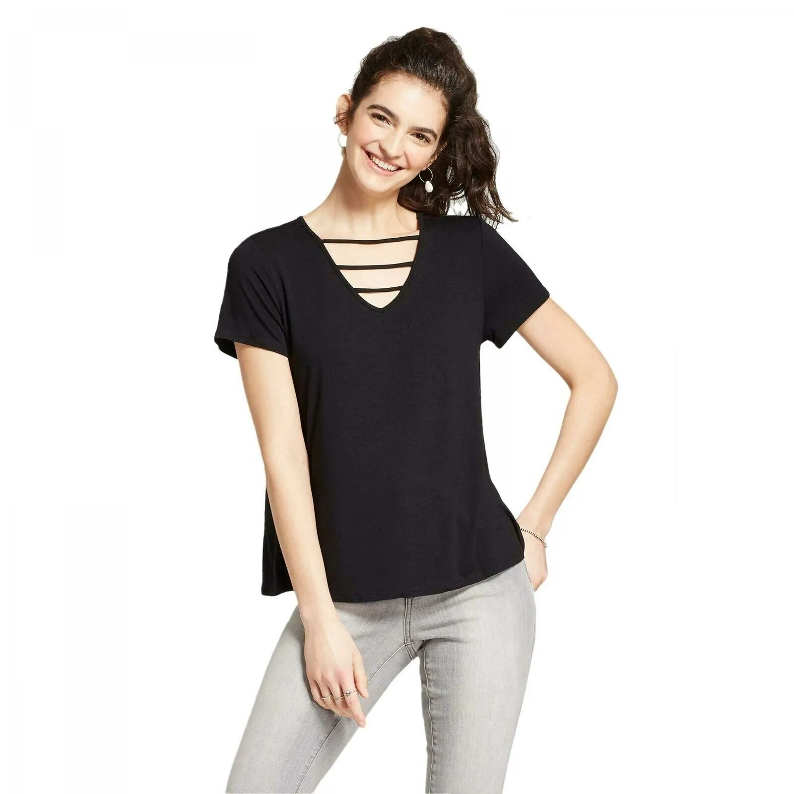 Mossimo Women's Short Sleeve Flowy T-Shirt with Strappy Neck Detail