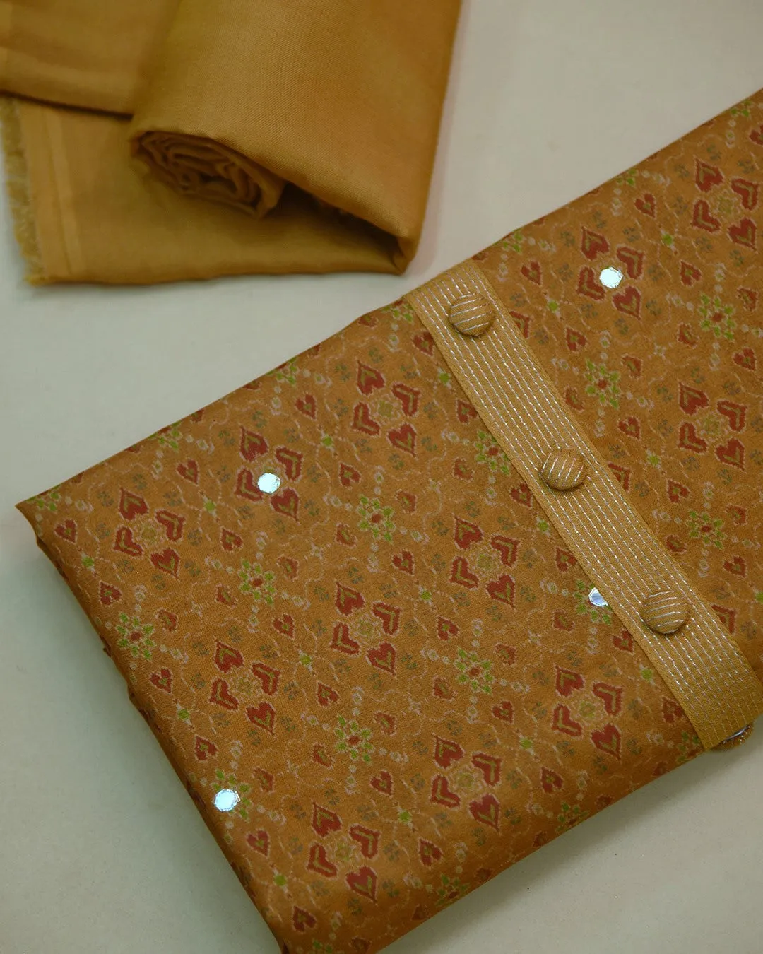 Mustard Chanderi Silk Blend Printed With Embroidery Unstitched Suit Fabric Set With Silk Blend Dupatta