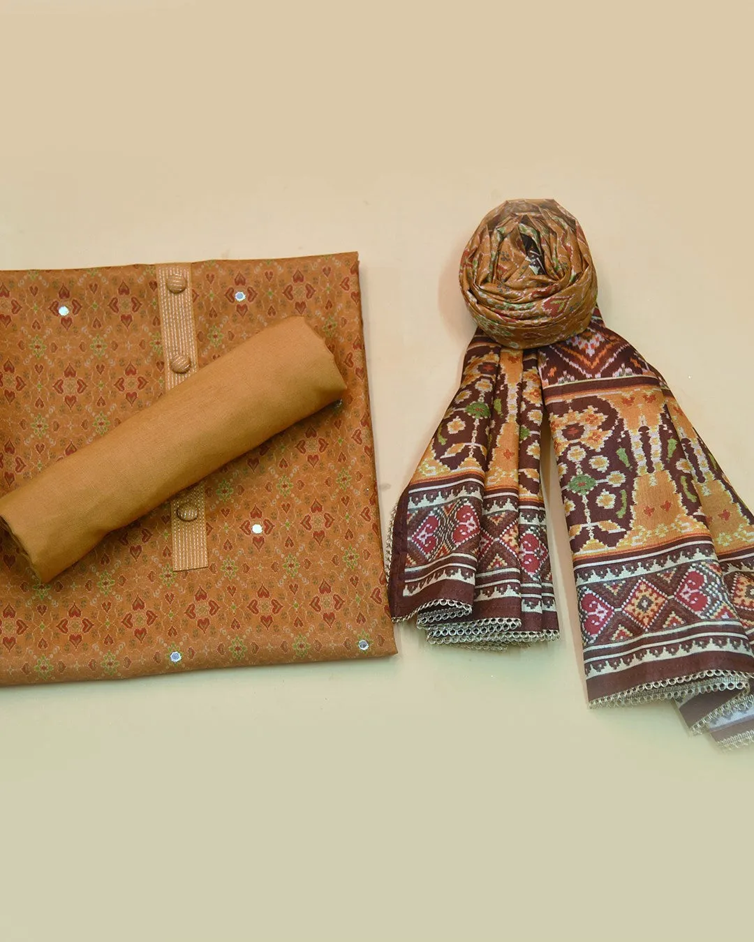 Mustard Chanderi Silk Blend Printed With Embroidery Unstitched Suit Fabric Set With Silk Blend Dupatta