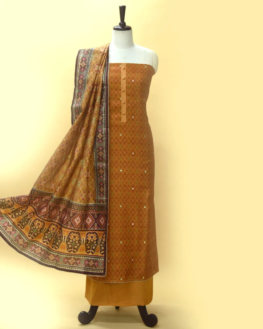 Mustard Chanderi Silk Blend Printed With Embroidery Unstitched Suit Fabric Set With Silk Blend Dupatta