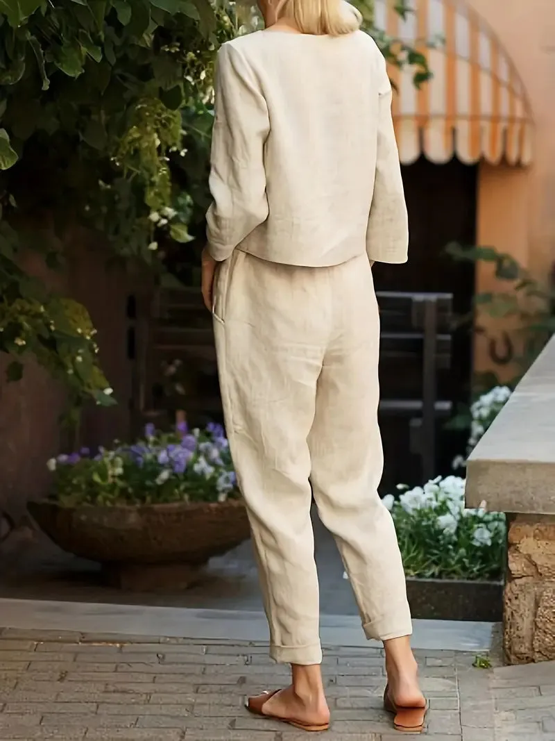 New Casual Solid Two-piece Set, Crew Neck Long Sleeve Top; Tie Front Pants Outfits, Women's Clothing Beige, Fits L-XL