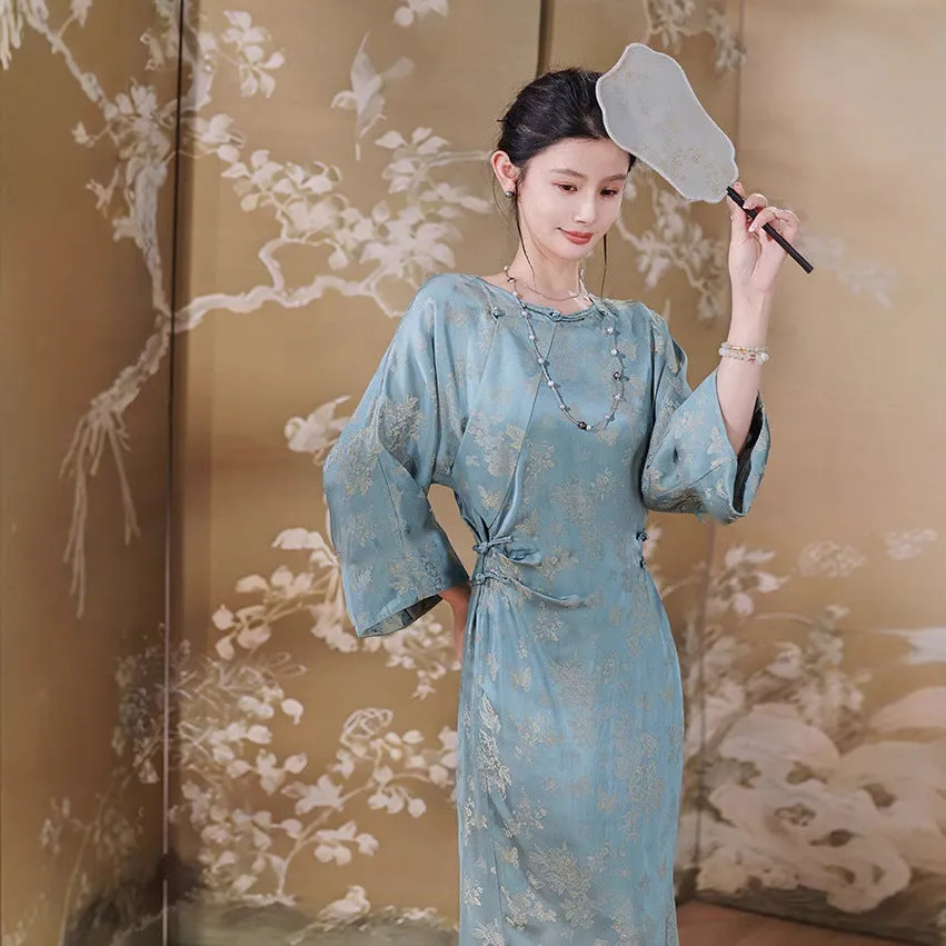 New Chinese dress women's silk jacquard improved cheongsam adjustable waist blue skirt B0336-2