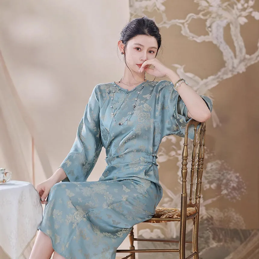 New Chinese dress women's silk jacquard improved cheongsam adjustable waist blue skirt B0336-2