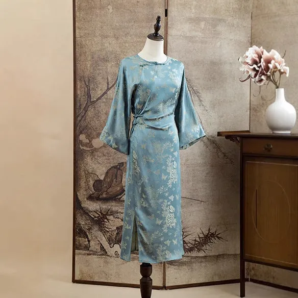 New Chinese dress women's silk jacquard improved cheongsam adjustable waist blue skirt B0336-2