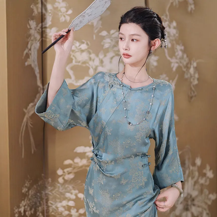 New Chinese dress women's silk jacquard improved cheongsam adjustable waist blue skirt B0336-2