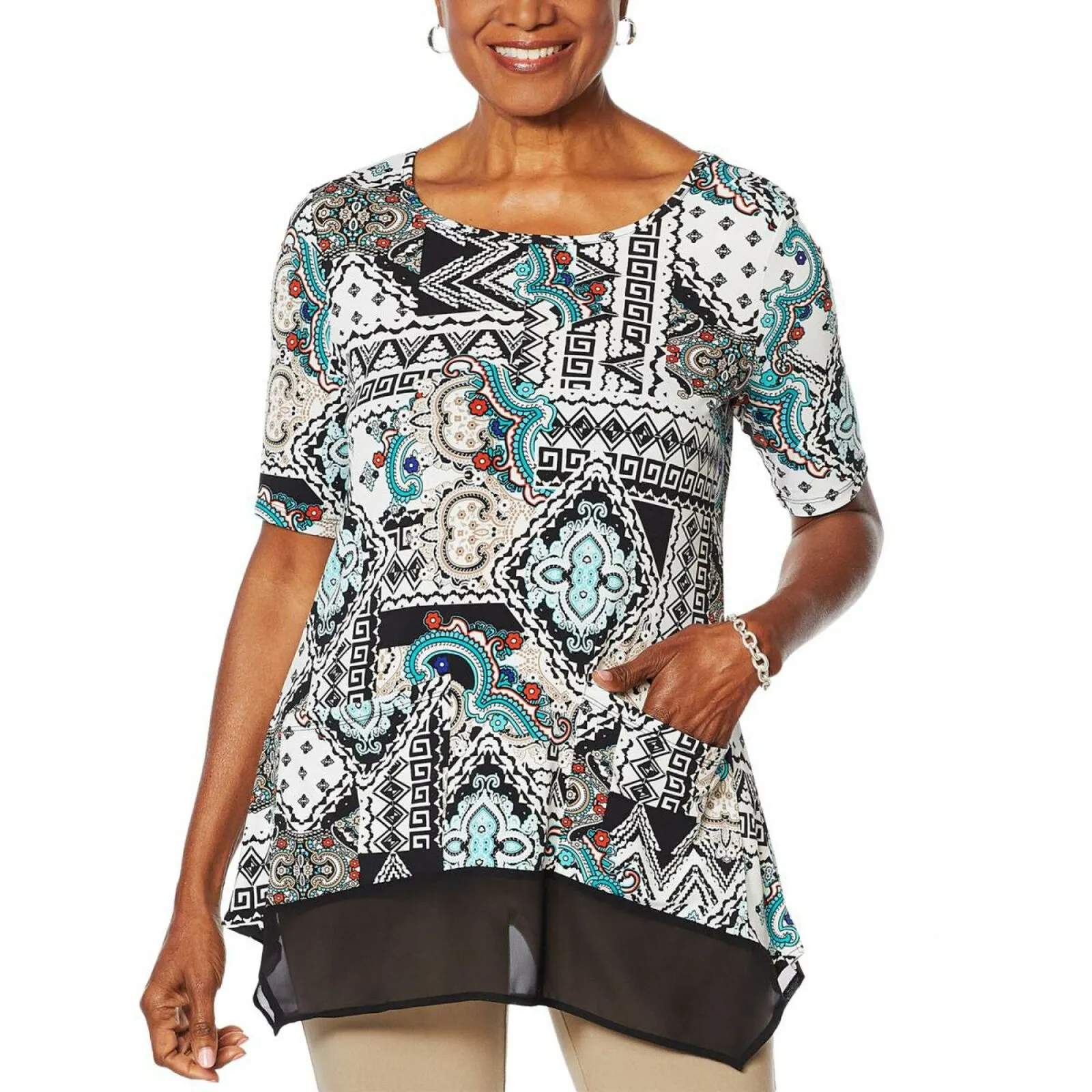Nina Leonard Women's Plus Size Mixed Media Tunic Top With Pockets