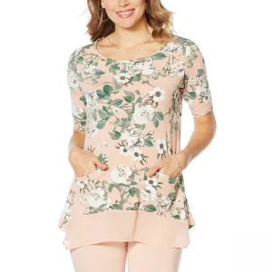 Nina Leonard Women's Plus Size Mixed Media Tunic Top With Pockets