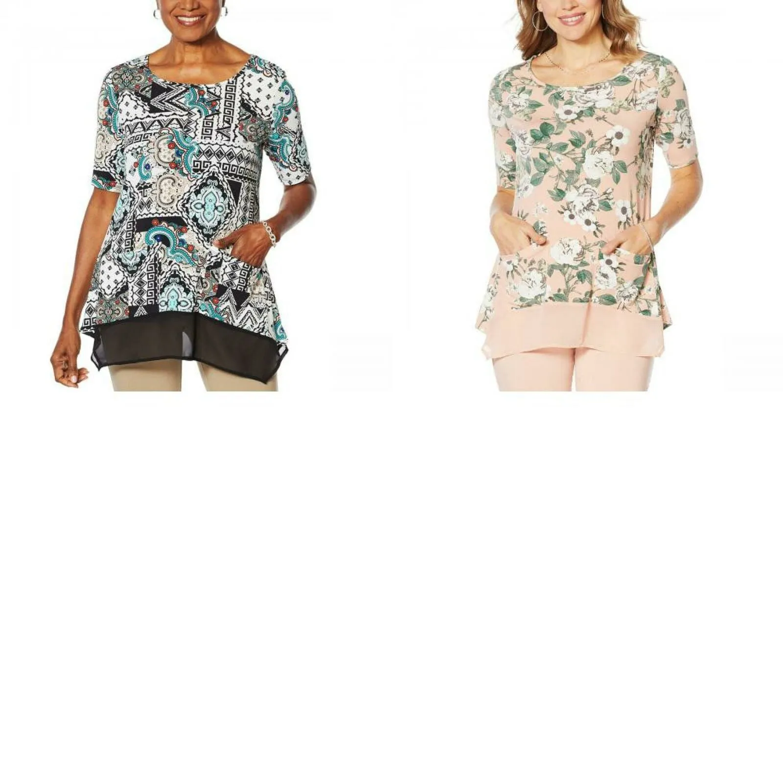 Nina Leonard Women's Plus Size Mixed Media Tunic Top With Pockets