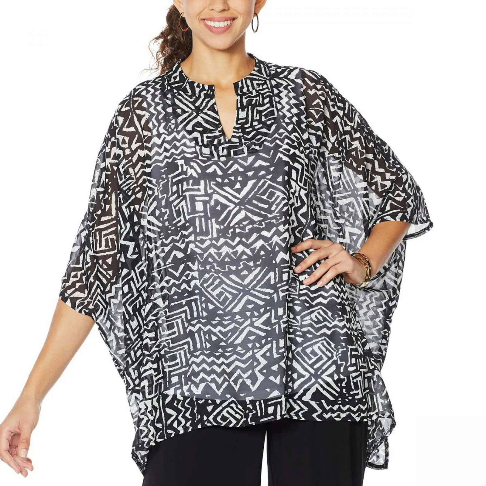Nina Leonard Women's Printed Chiffon Kimono Tunic With Tank Black Medium