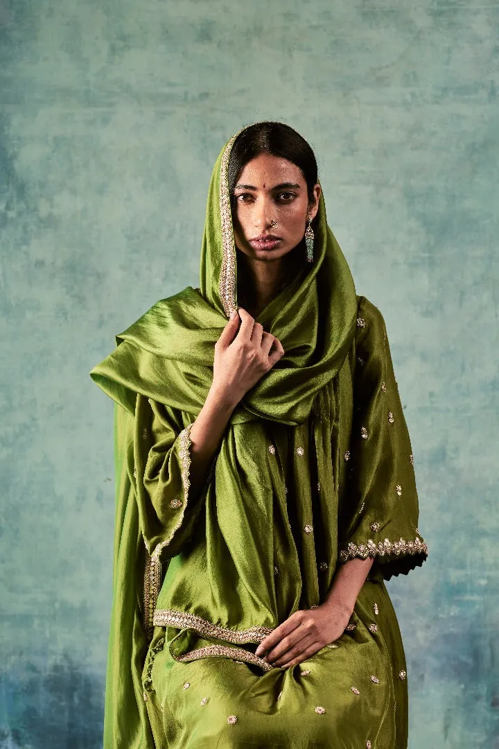 Olive Green Silk Anarkali Set