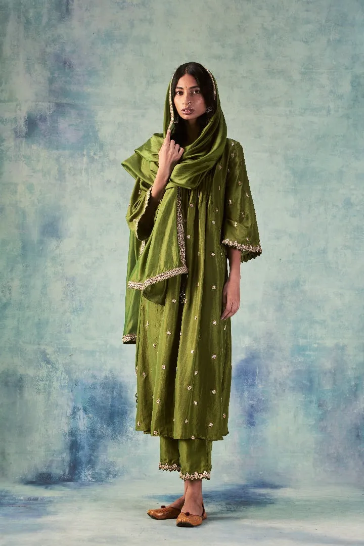 Olive Green Silk Anarkali Set