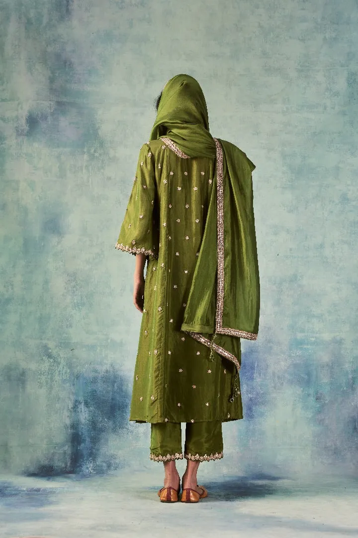 Olive Green Silk Anarkali Set