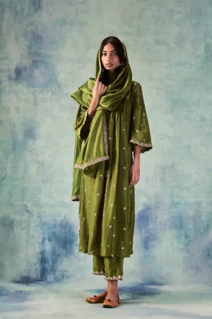 Olive Green Silk Anarkali Set