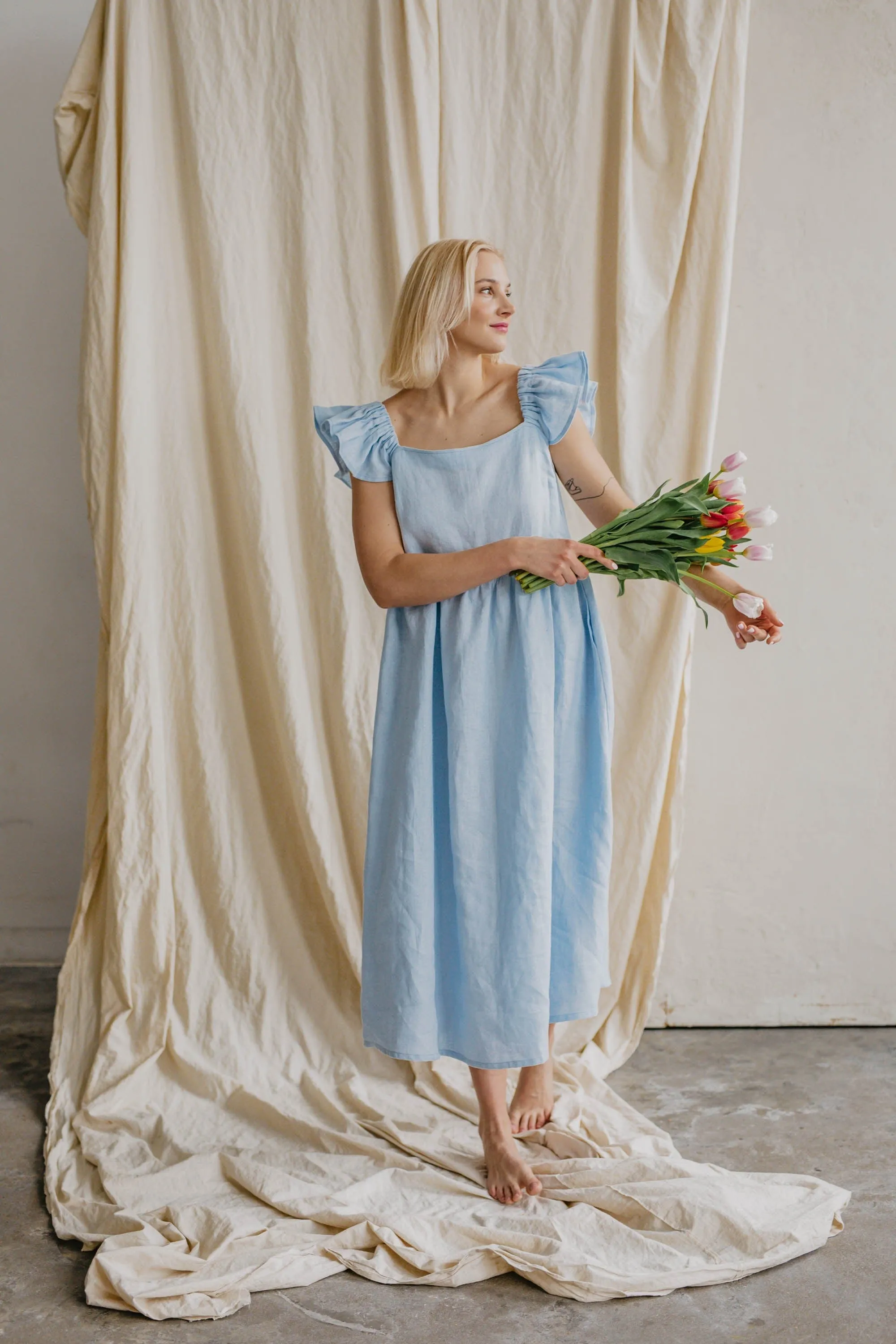 Ona Women's Linen Ruffle Dress | Sky Blue