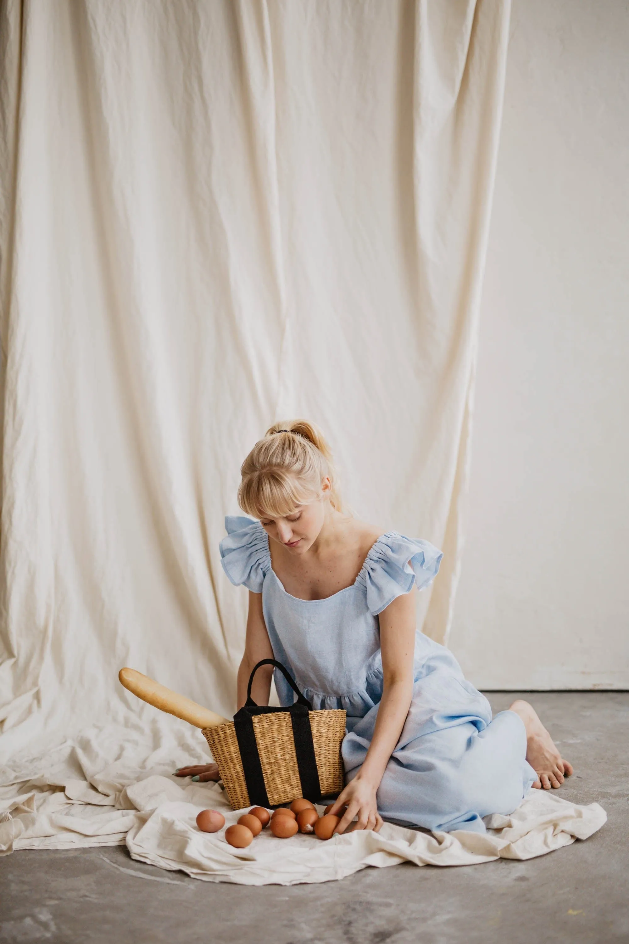 Ona Women's Linen Ruffle Dress | Sky Blue