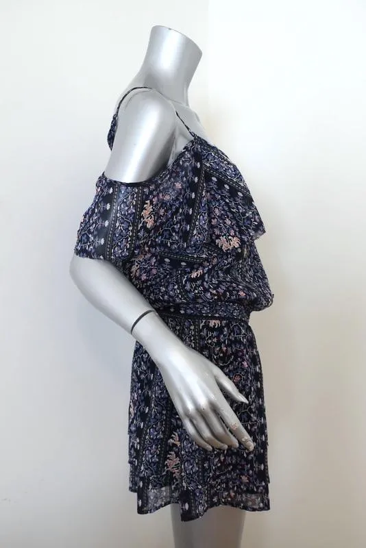 PAIGE Cold Shoulder Mini Dress Olympia Dark Blue Floral Print Chiffon Size Small