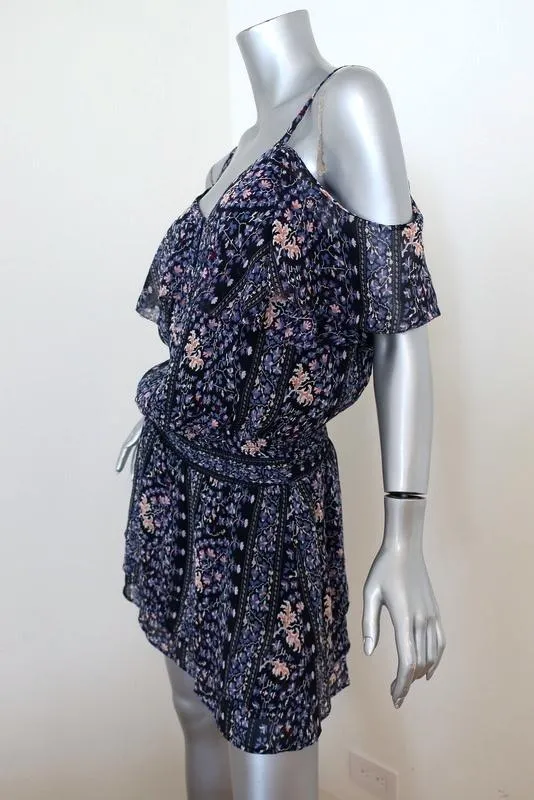 PAIGE Cold Shoulder Mini Dress Olympia Dark Blue Floral Print Chiffon Size Small