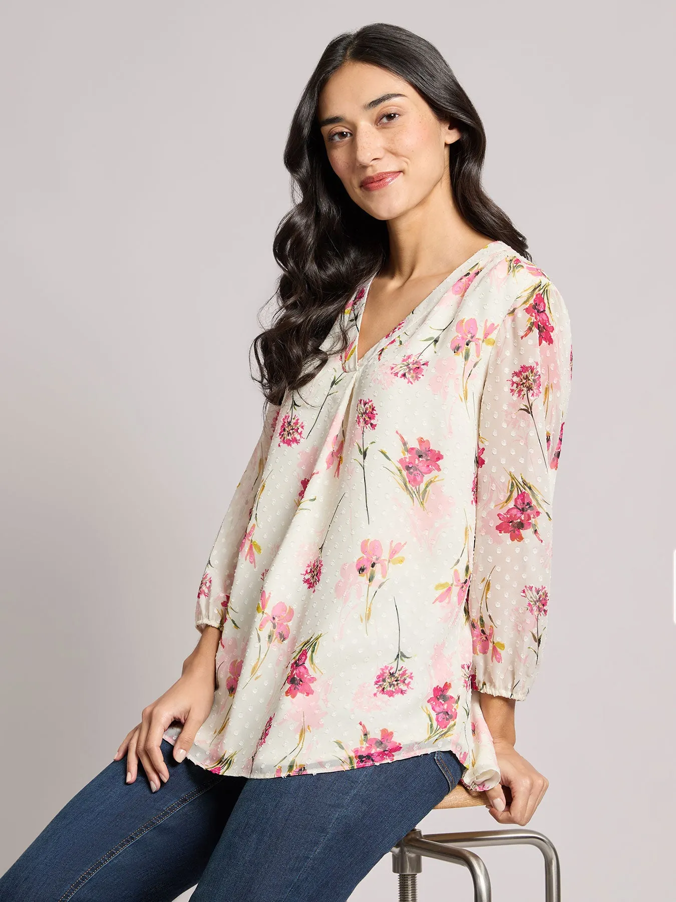 Petite Print V-Neck Pleated Kelly Blouse, Chiffon