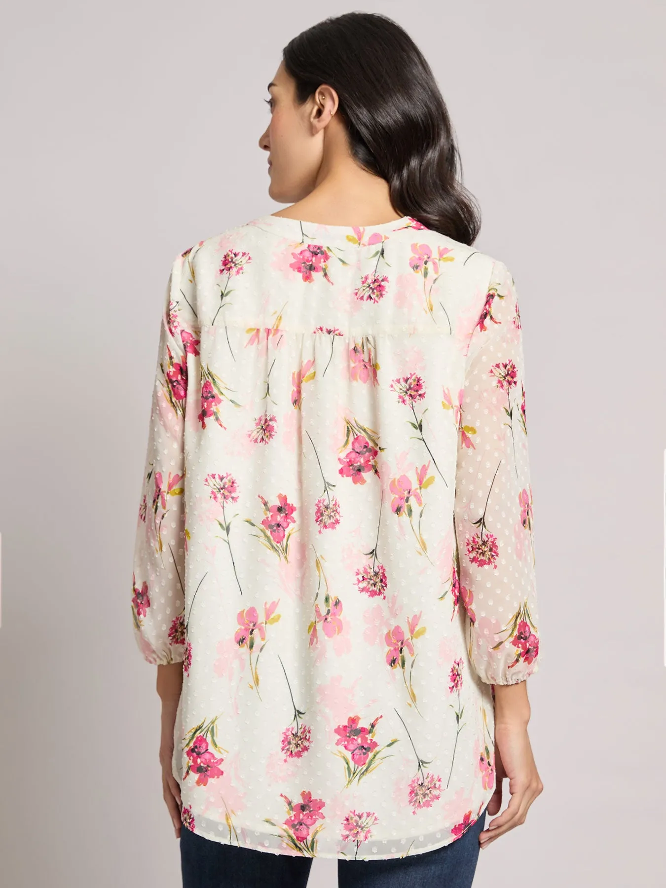 Petite Print V-Neck Pleated Kelly Blouse, Chiffon