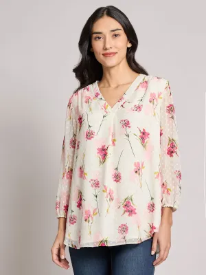 Petite Print V-Neck Pleated Kelly Blouse, Chiffon