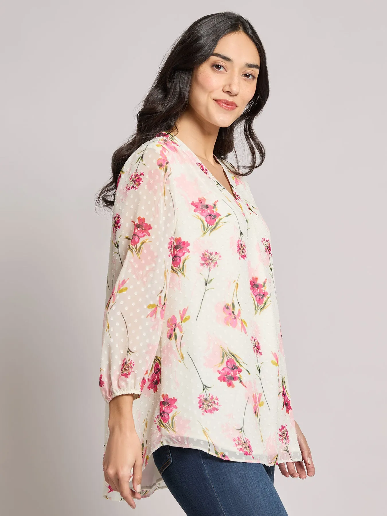 Petite Print V-Neck Pleated Kelly Blouse, Chiffon
