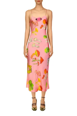 Pink Mushroom Printed Silk Satin Slip Dress
