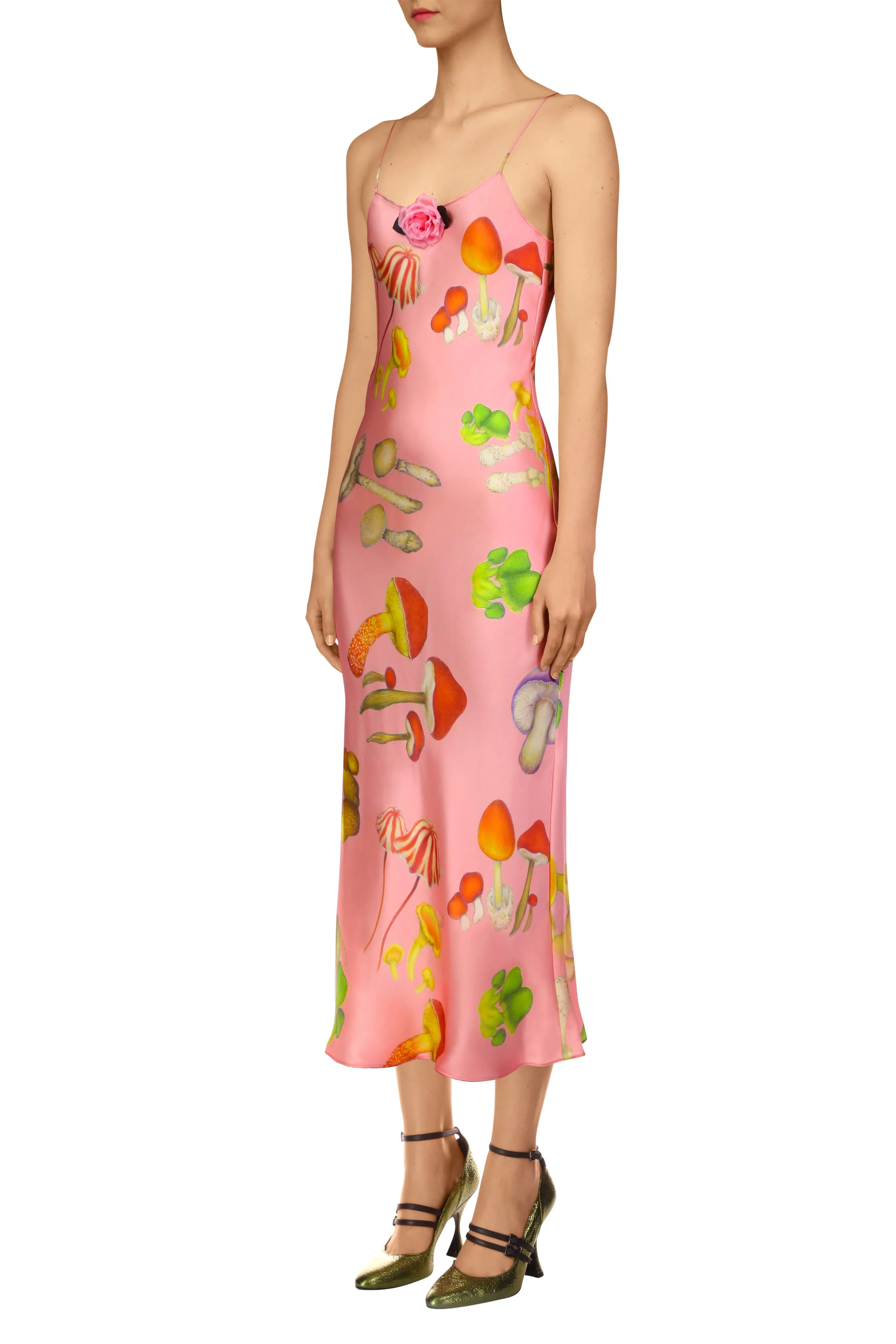 Pink Mushroom Printed Silk Satin Slip Dress