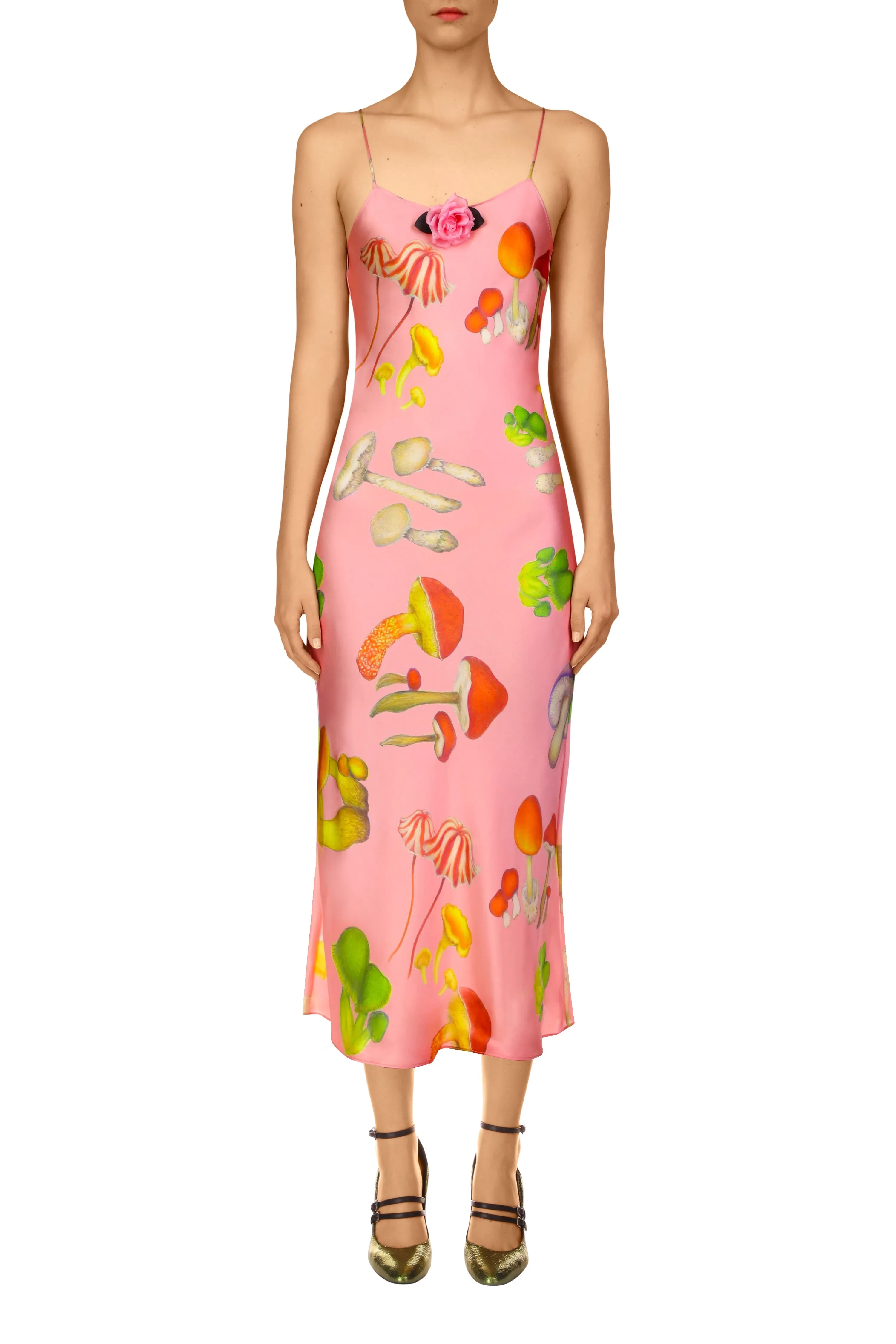Pink Mushroom Printed Silk Satin Slip Dress