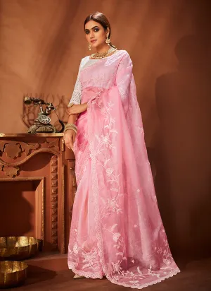 Pink Sequence Embroidery Traditional Organza Silk Saree