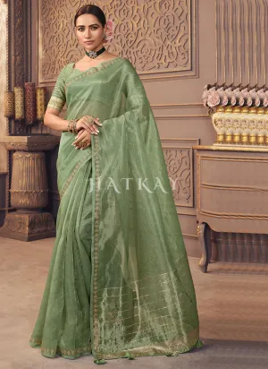 Pista Green Zari Embroidery Designer Organza Silk Saree