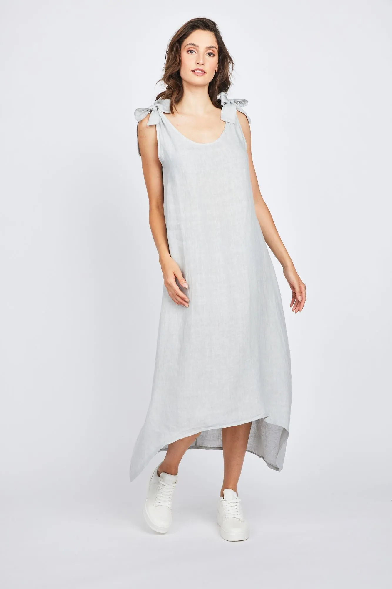 Pistache High Low Linen Dress with Bow Straps