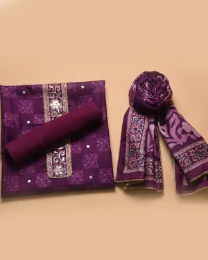 Purple Silk Blend Printed With Embroidery Unstitched Suit Fabric Set With Silk Blend Dupatta