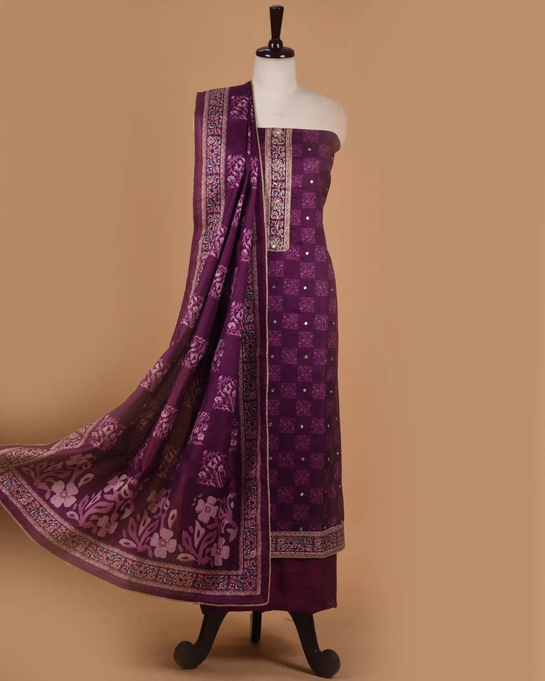 Purple Silk Blend Printed With Embroidery Unstitched Suit Fabric Set With Silk Blend Dupatta