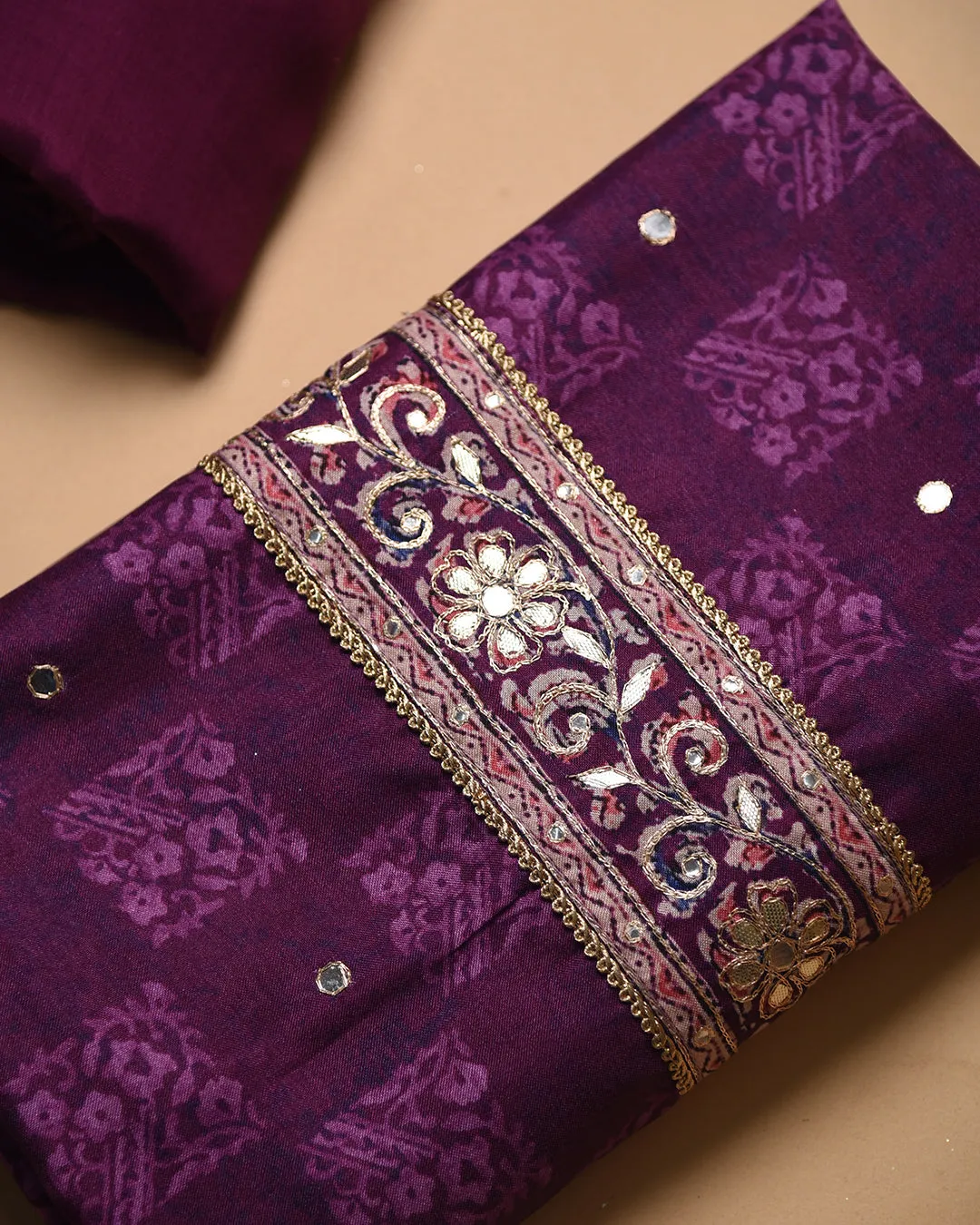 Purple Silk Blend Printed With Embroidery Unstitched Suit Fabric Set With Silk Blend Dupatta