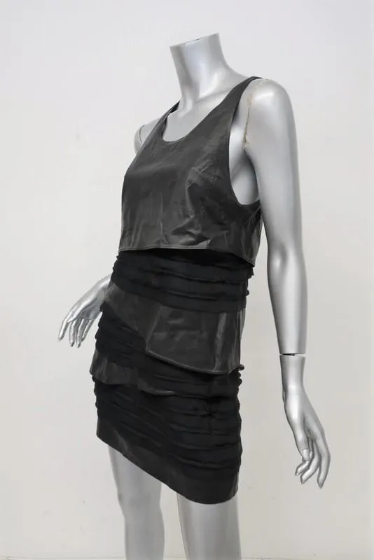 Rag & Bone Dress Marylebone Black Leather & Silk Chiffon Size 2 Tiered Mini NEW