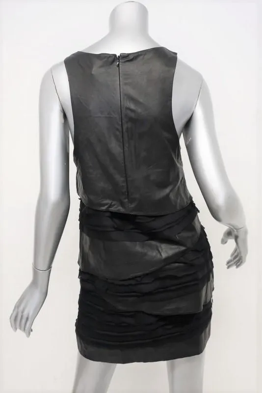 Rag & Bone Dress Marylebone Black Leather & Silk Chiffon Size 2 Tiered Mini NEW