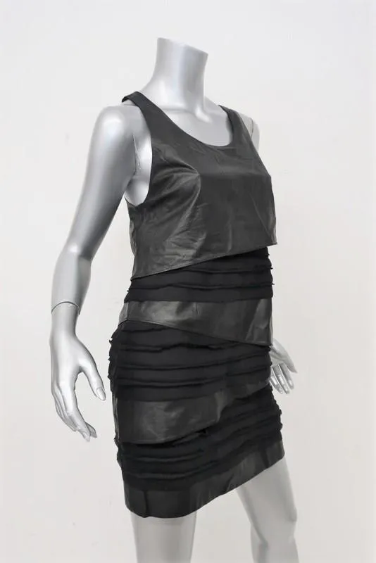 Rag & Bone Dress Marylebone Black Leather & Silk Chiffon Size 2 Tiered Mini NEW