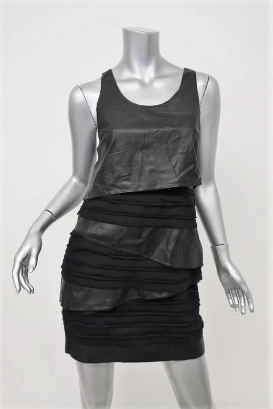 Rag & Bone Dress Marylebone Black Leather & Silk Chiffon Size 2 Tiered Mini NEW