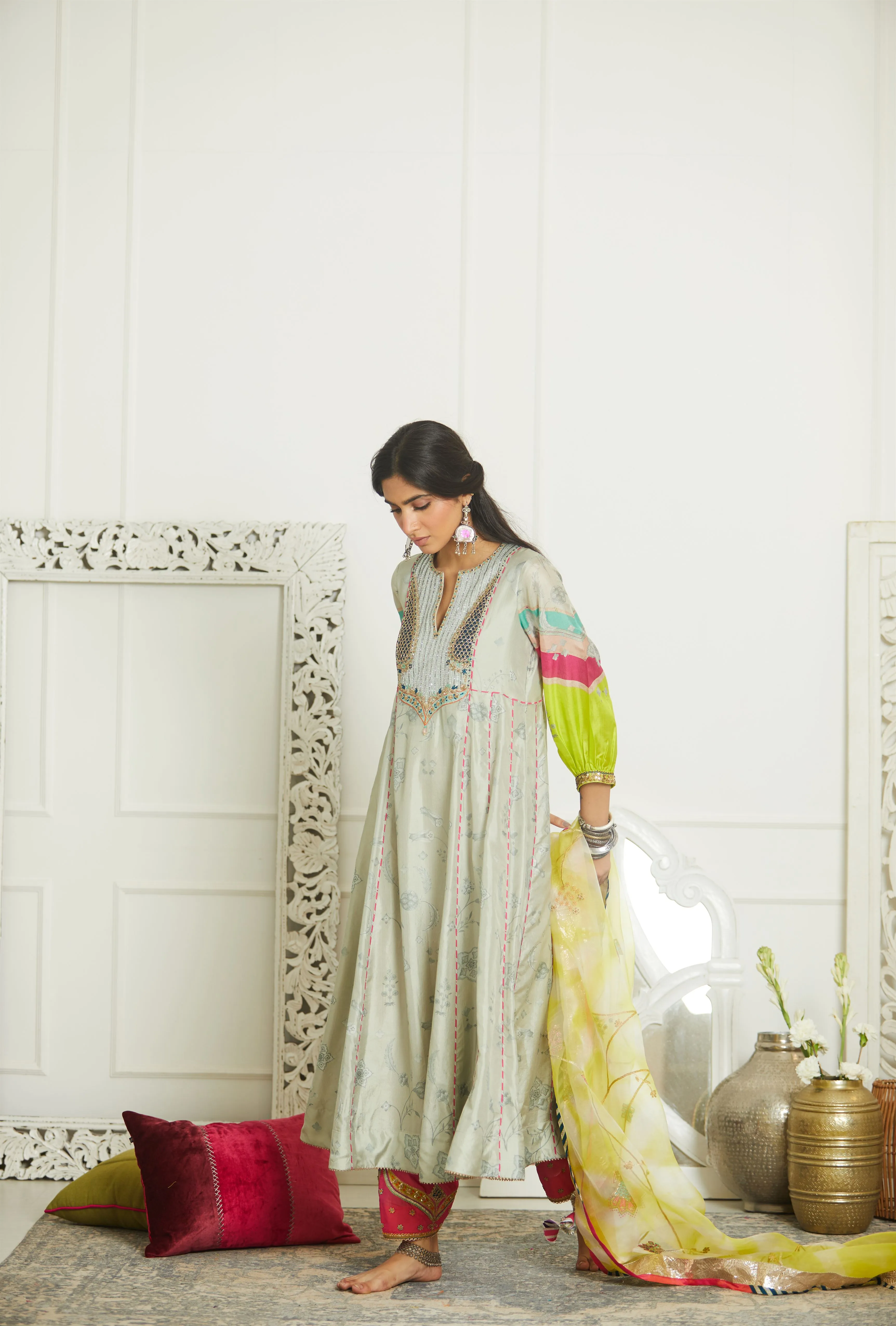 Raji Ramniq Mehezebeen Collection Grey Pink Lime Kurta Salwar Dupatta Mb-112