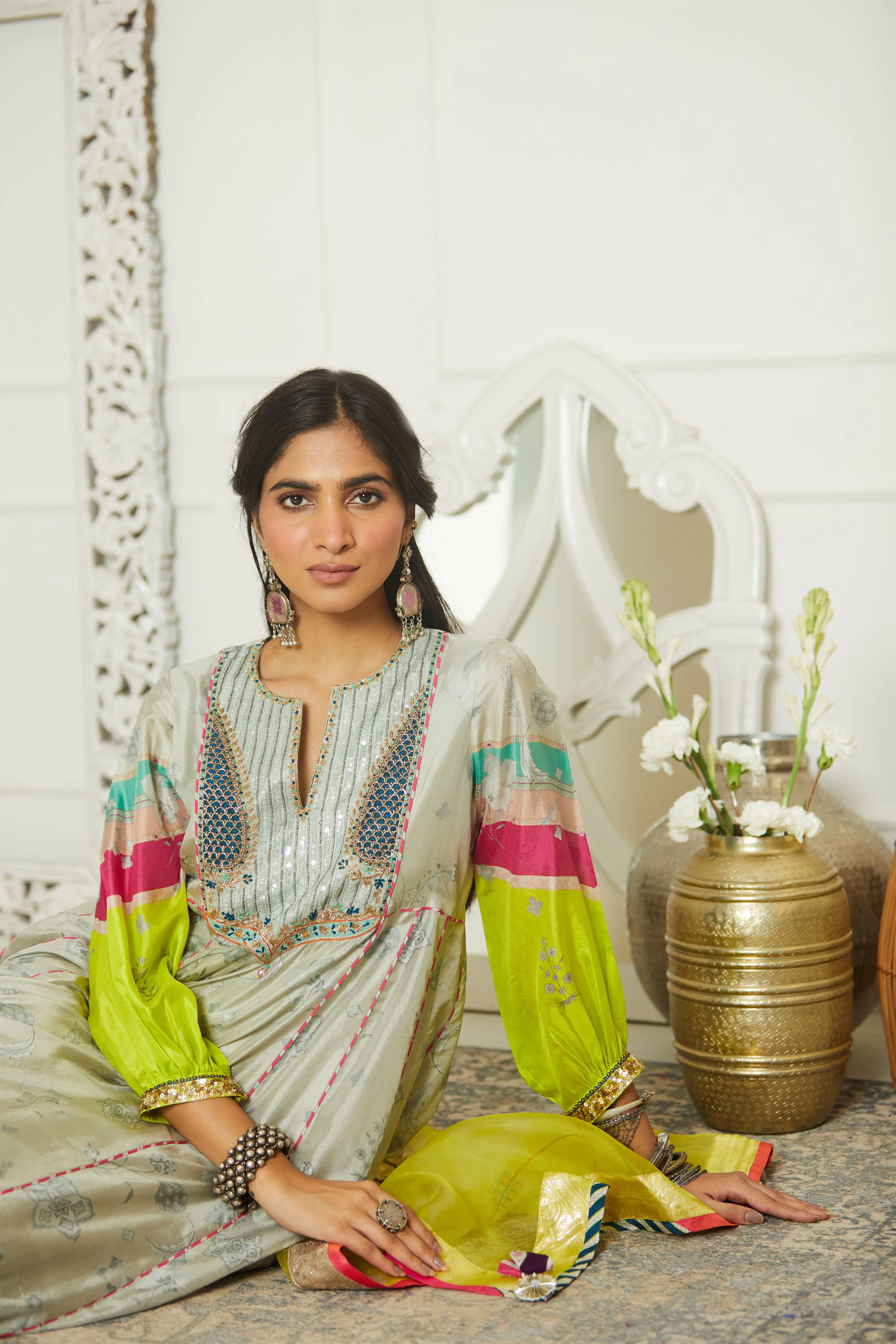 Raji Ramniq Mehezebeen Collection Grey Pink Lime Kurta Salwar Dupatta Mb-112