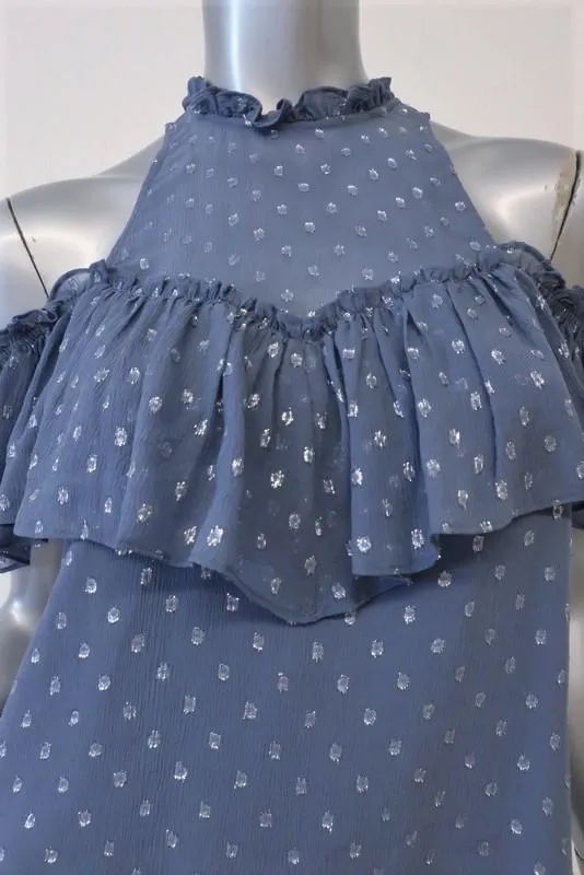 Rebecca Taylor Cold Shoulder Top Blue Metallic Dot Chiffon Size 0 Ruffle Blouse