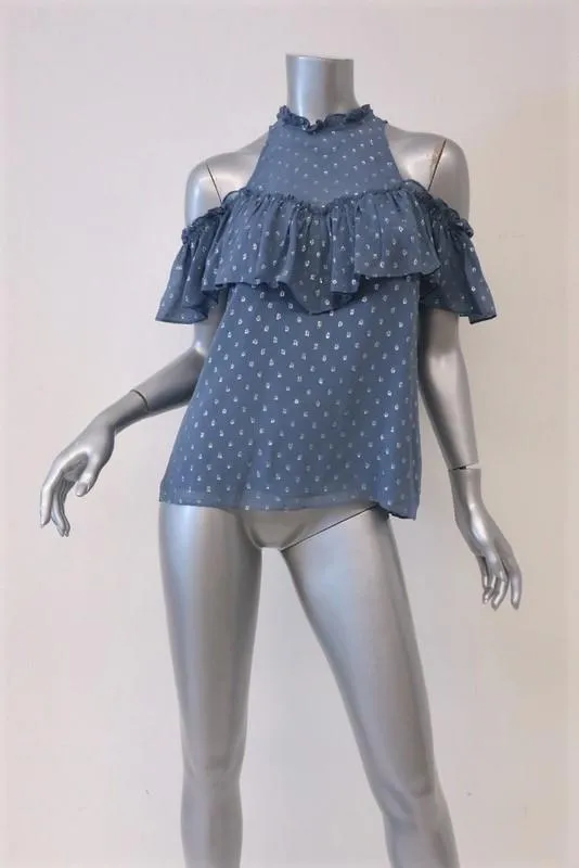 Rebecca Taylor Cold Shoulder Top Blue Metallic Dot Chiffon Size 0 Ruffle Blouse
