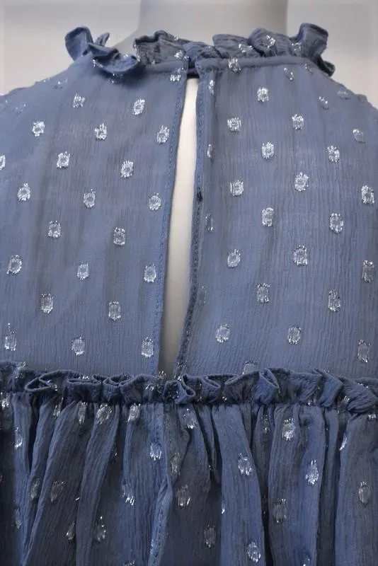 Rebecca Taylor Cold Shoulder Top Blue Metallic Dot Chiffon Size 0 Ruffle Blouse