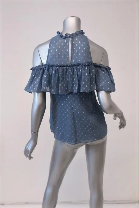 Rebecca Taylor Cold Shoulder Top Blue Metallic Dot Chiffon Size 0 Ruffle Blouse